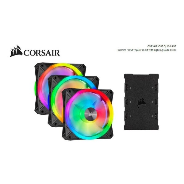 Corsair QL120 RGB Triple Fan Kit with Lighting Node Core, ICUE, 120mm RGB LED PWM Fan 26dBA, 41.8 CFM, 3 Fan Pack