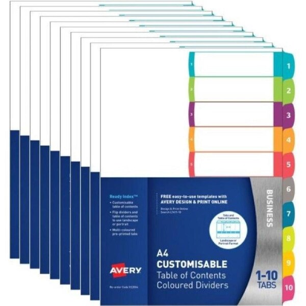 Avery 922004 L7411-10 Customisable Table Of Contents Coloured Dividers 1-10 Tab A4 10 Pack