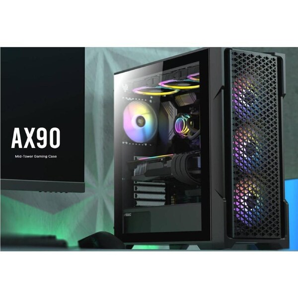 Antec AX90 ATX, 2x 360mm Radiator Support, 4x ARGB 12CM Fans 3x Front & 1x Rear included. RGB controller for six fans. Mesh Tempered Glass Gaming Case
