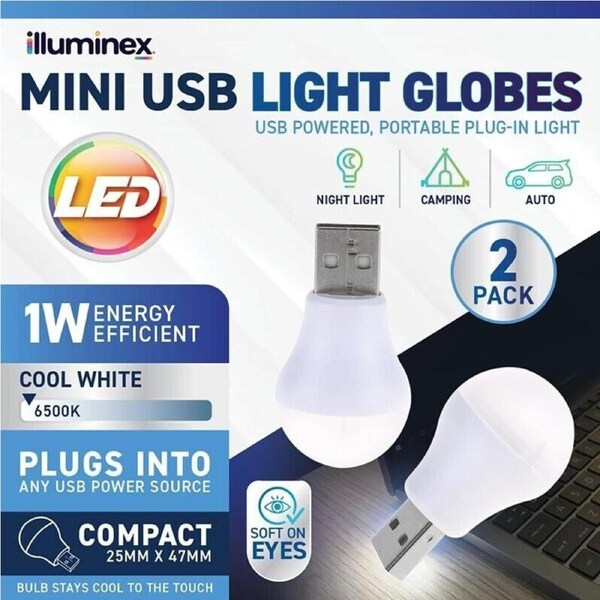 2PK Mini USB Light Lamp illuminex 1W 5V Cool White USB Bulb Night Globes