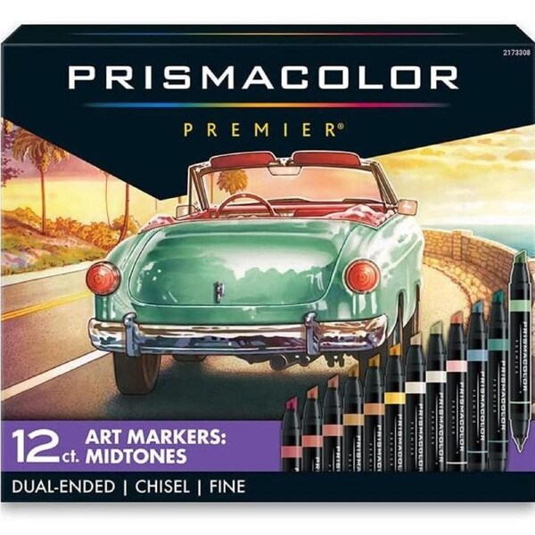 Prismacolor Premier Double Sided Mid Tones Art Markers Brush Chisel Tip Dual End 12 Pack