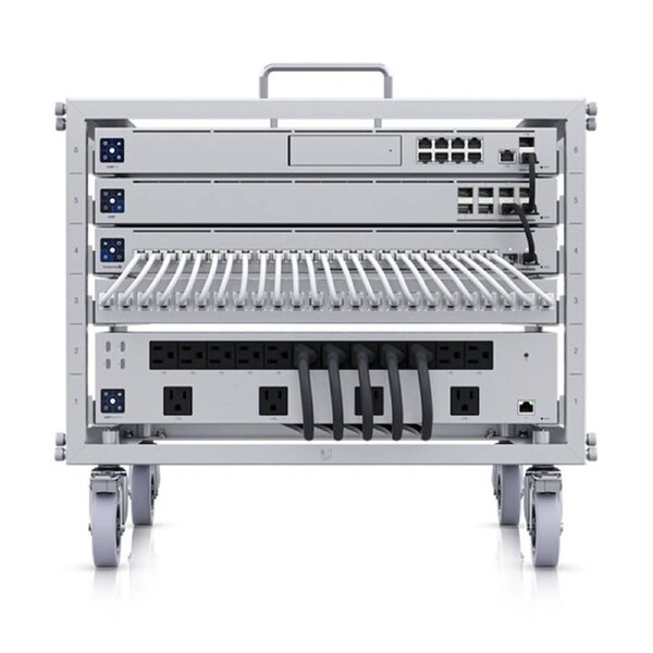 Ubiquiti 6U-sized device rack with a 24-port blank patch panel that can be