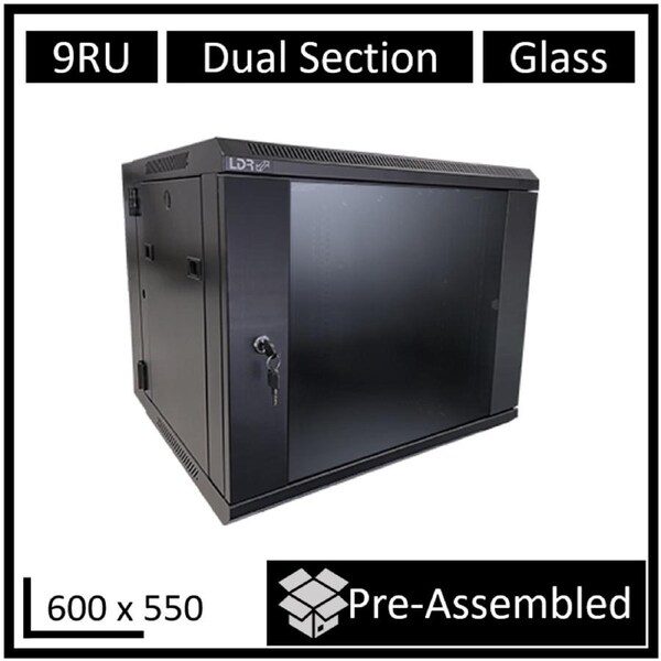 LDR Assembled 9U Hinged Wall Mount Cabinet (600mm x 550mm) Glass Door - Black