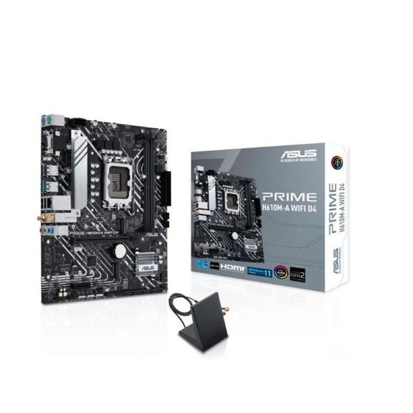 ASUS PRIME H610M-A WIFI D4 Intel LGA 1700 mATX Motherboar 2xDDR4~64GB PCIe 4.0, dual M.2 slots, Intel 1 Gb Ethernet, WIFI 5, DisplayPort, HDMI , D-S