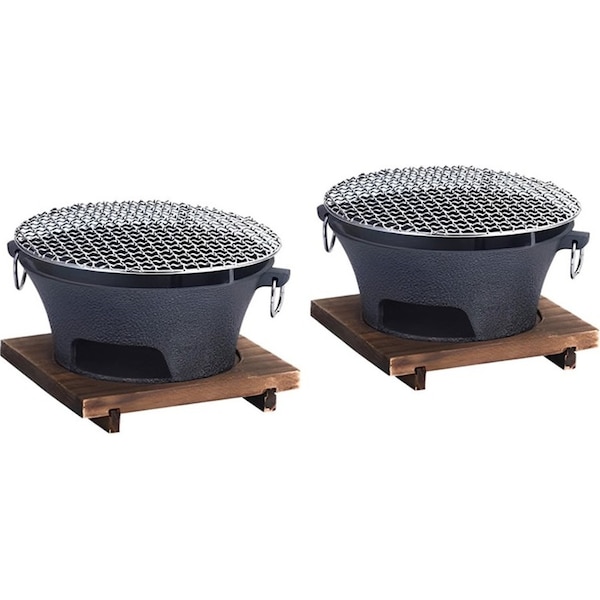 SOGA 2X Small Cast Iron Round Stove Charcoal Table Net Grill Japanese Style BBQ Picnic Camping with Wooden Board