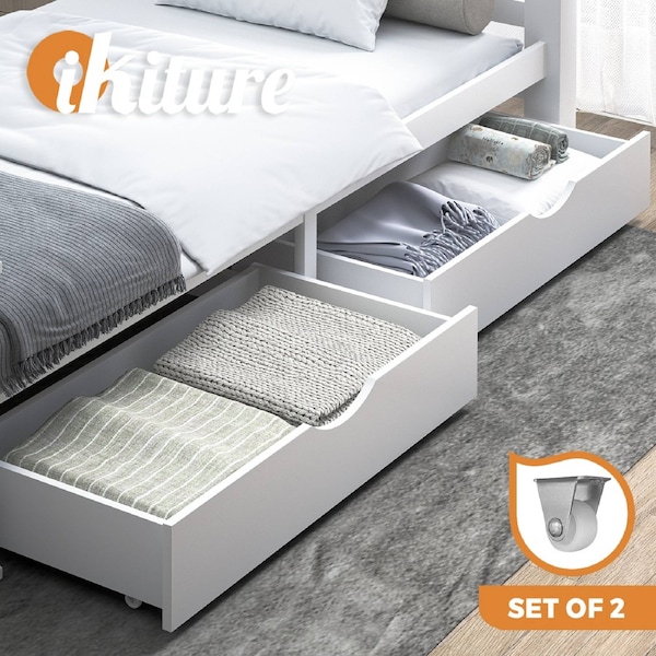Oikiture Storage Drawers Trundle for Wooden Bed Frame Base Timber White 2X