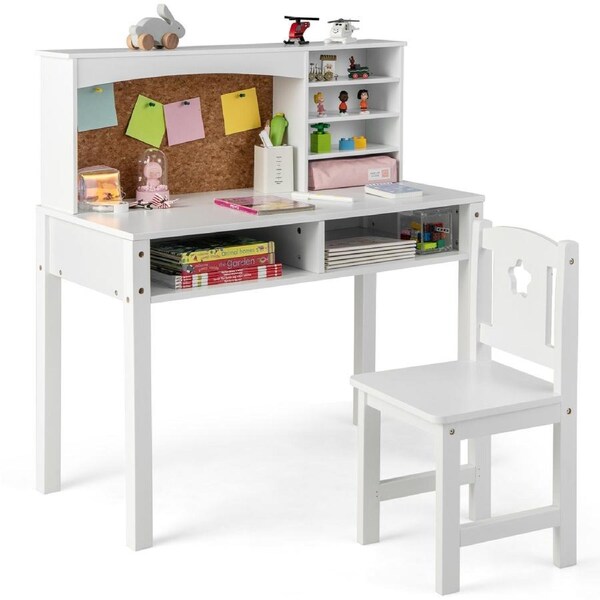 Giantex Wood Kids Table and Chair Set Study Activity Toys Storage Desk/Open Drawers/Bulletin Board White