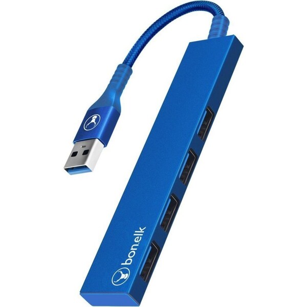 Bonelk Long-Life Male USB-A to 4-Port Female USB 3.0 Slim Hub For Laptop Blue