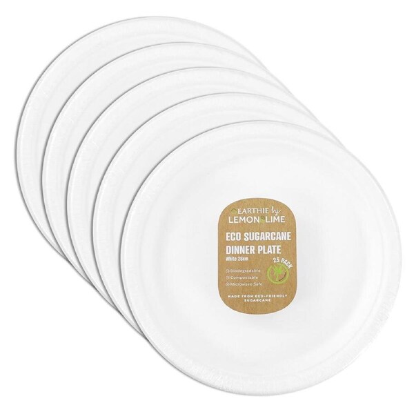 125PK Lemon & Lime Eco 26cm Sugarcane Dinner Plate Food Serving Platter White