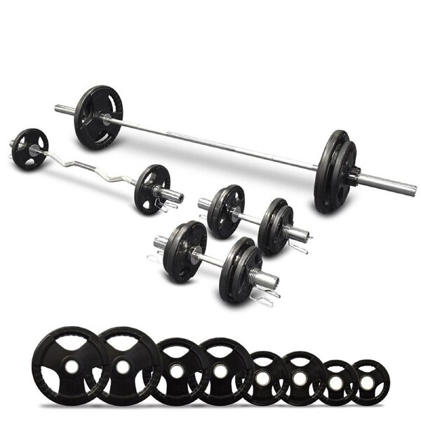 115kg Olympic 7ft Barbell + Ez Curl Bar + Olympic Dumbbells + Weight Set