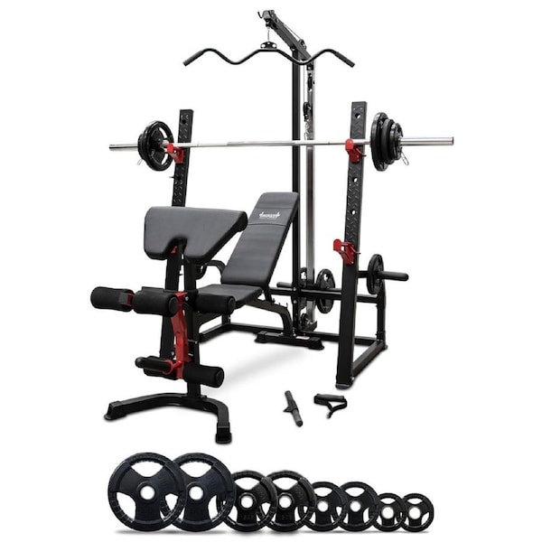 Impact Fitness Squat Rack Lat Pulldown + Adjustable Bench + 120kg Olympic Barbell Weight Set