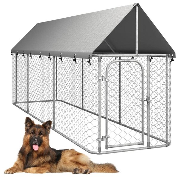 Dog Kennel Run Cage Steel Mesh Fencing Pet Enclosure Covered Playpen 4 x 1.5M