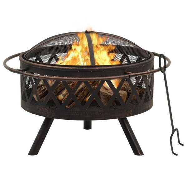76cm Round Fire Pit Rustic Steel Outdoor Fireplace Patio Firepit Heater W/ Cover
