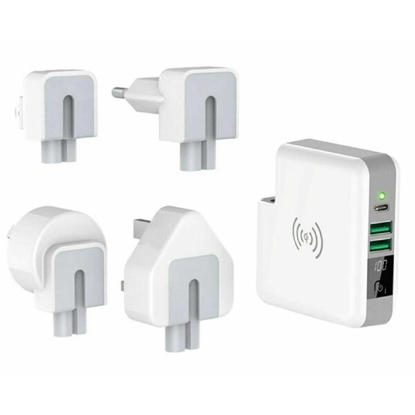 Qi Wireless Universal Travel Adaptor Charger with 6700Mah Power Bank Built In - For AU EU UK & US