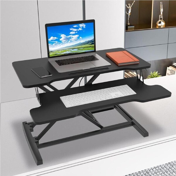 Advwin Sit Stand Up Desk Adjustable Height Standing Desk with Keyboard Tray Black