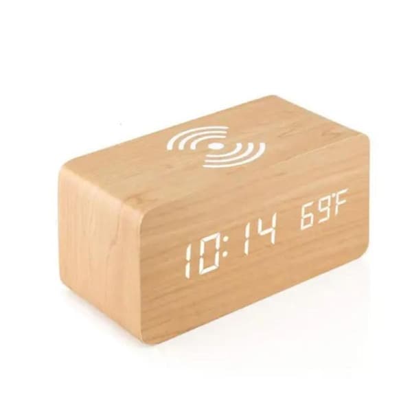 Digital Alarm Clock Wooden Table Desk Bedside LED Clock With Wireless Charger