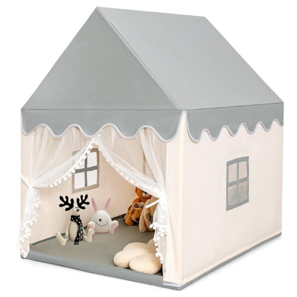 Costway Wood Play TentPlayhouse Large Princess Castle w/Washable Mat Indoor Gift, Beige