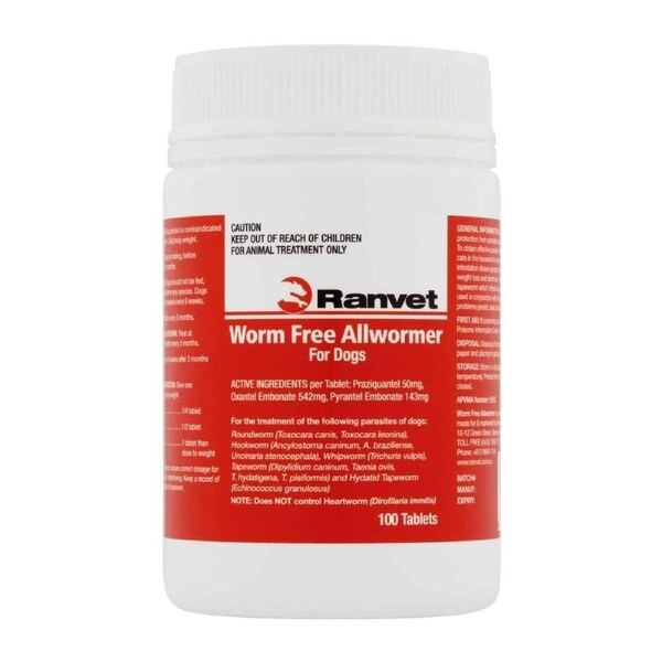 Ranvet Worm Free Dogs Allwormer Treatment Red 10kg 100 Tablets