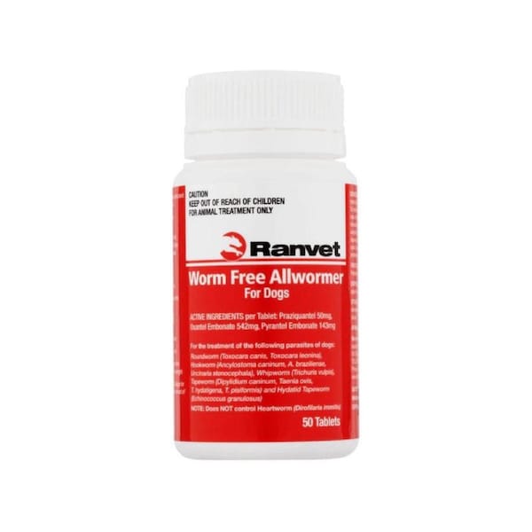 Ranvet Worm Free Dogs Allwormer Treatment Red 10kg 50 Tablets