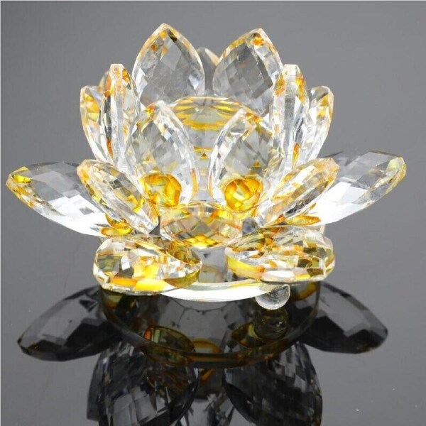 Quartz Crystal Lotus Flower Crafts Glass Paperweight Fengshui 80mm Yellow