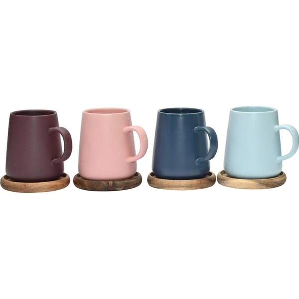 4pc Coffee Culture Matte Ceramic Tea/Coffee Mug Set With Wood Coasters Colourful