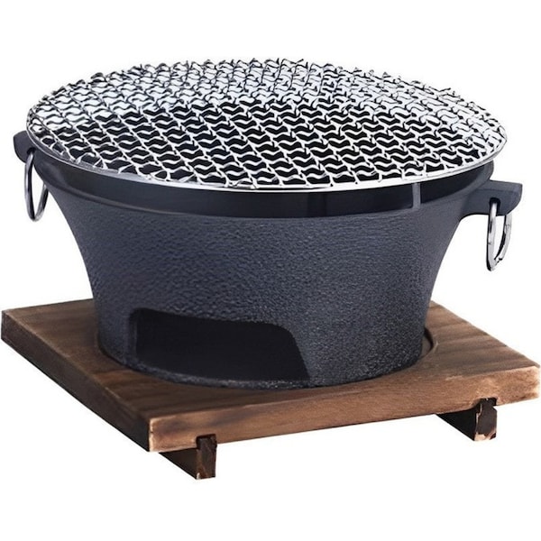 SOGA Medium Cast Iron Round Stove Charcoal Table Net Grill Japanese Style BBQ Picnic Camping with Wooden Board