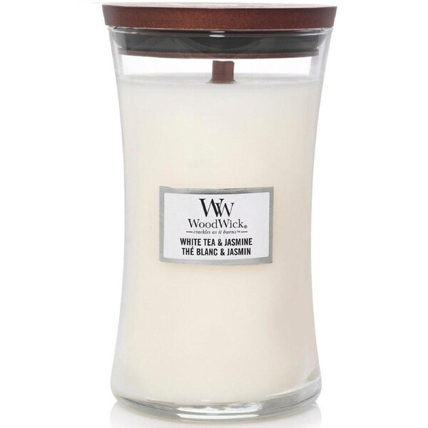 WoodWick White Tea + Jasmine Large Candle Crackles As It Burns 610G Hourglass