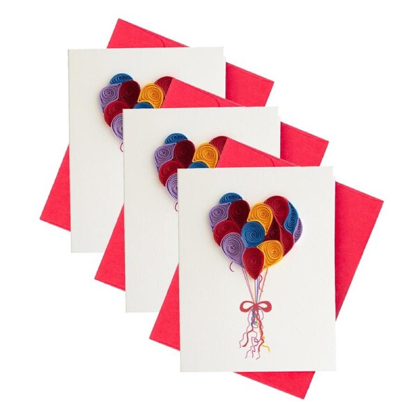 3x Boyle Quilled 8x6cm Handmade Paper Balloon Heart Mini Greeting Card Red