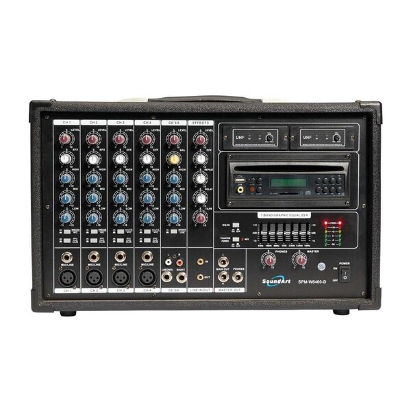 SoundArt 6 Channel 400 Watt Dual Wireless Powered Mixer PA System with DVD Player