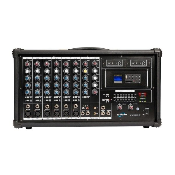 SoundArt 8 Channel 400 Watt Dual Wireless Powered Mixer PA System with MP3 Player