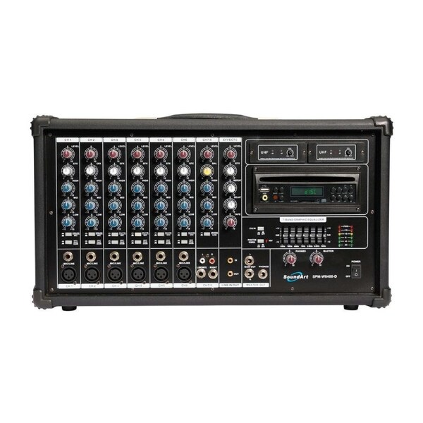 SoundArt 8 Channel 400 Watt Dual Wireless Powered Mixer PA System with DVD Player