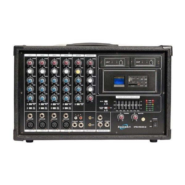 SoundArt 6 Channel 400 Watt Dual Wireless Powered Mixer PA System with MP3 Player