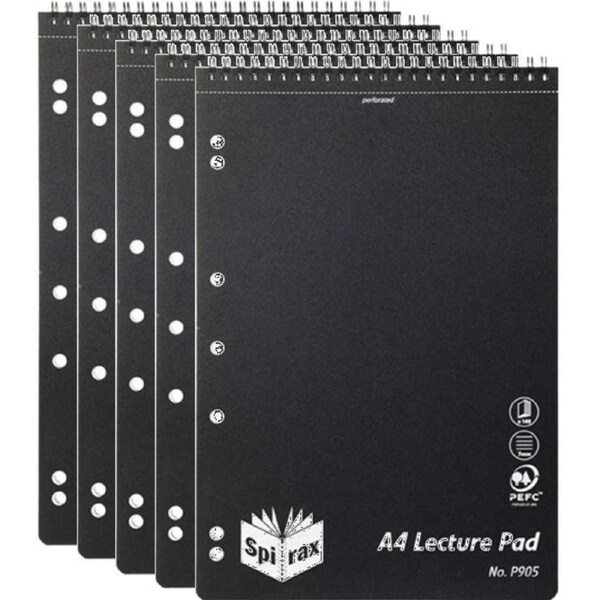 Spirax P905 Lecture Pad Book Spiral Bound Top Open 140 Page A4 Black 5 Pack