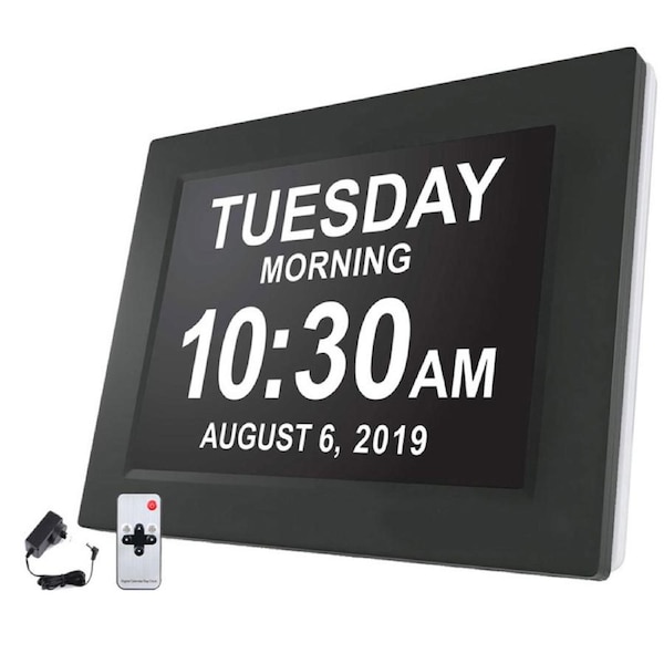 OZNALA 8 Inch Black Digital Calendar Alarm Day Clock, Hogar Tech Extra Large Memory Loss 5 Daily Alarms & 3 Medicine Reminder for Seniors & Impaired Vision Dementia Clock