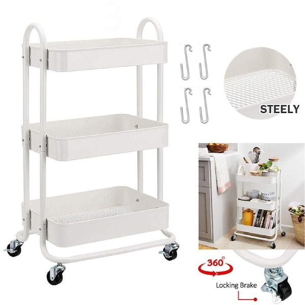 OZNALA 3 Tiers Steel Storage Organiser 360° Rolling Wheels White Kitchen Trolley Cart