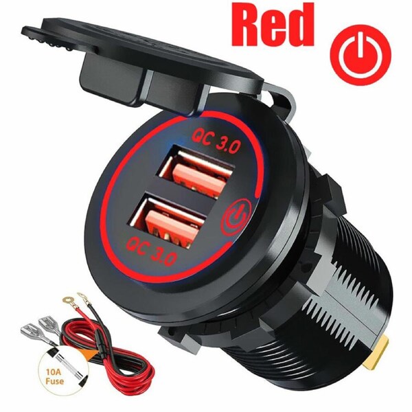 OZNALA Car Dual USB 12V-24V Charger Quick Charge QC 3.0 Socket Power Outlet(Red)
