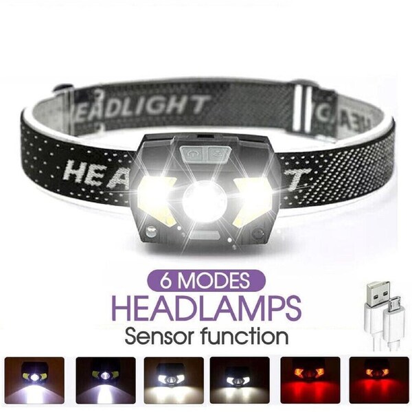 LED Head Torch Headlight COB Camping Headlamp USB Rechargeable Waterproof