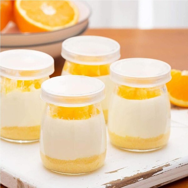 12x Glass Pudding Jars Glass Jars for Yogurt Milk Parfait with Lid Caps - 200ml