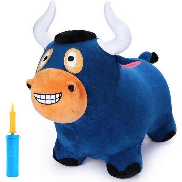 iPlay iLearn 33cm Bouncy Bull Plush Inflatable Ride-On Kids Play Toy 18m+ Blue