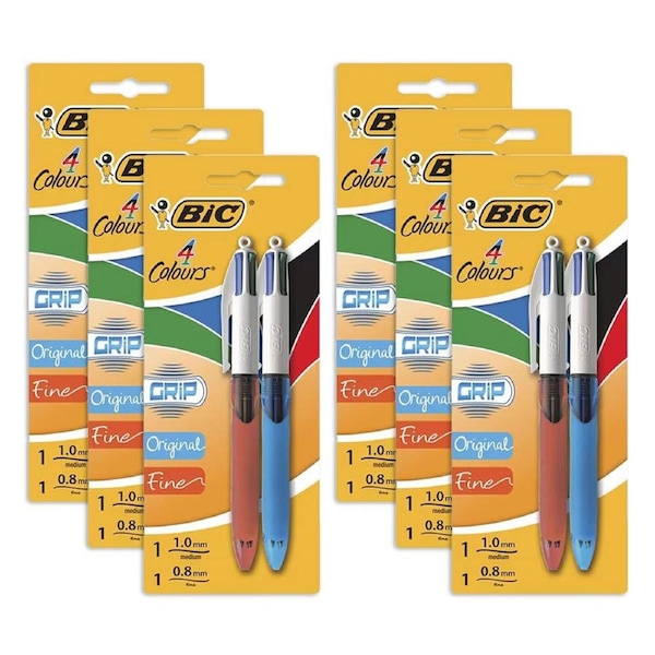 6x 2pc Bic 4 Colour Grip Ballpoint Writing Pens 1.0mm/0.8mm BLK/GRN/RD/BLU
