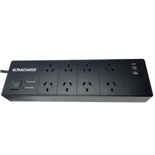Ultracharge 8-Way Surge Protected Board with 2x USB - Black - UR1008SUB
