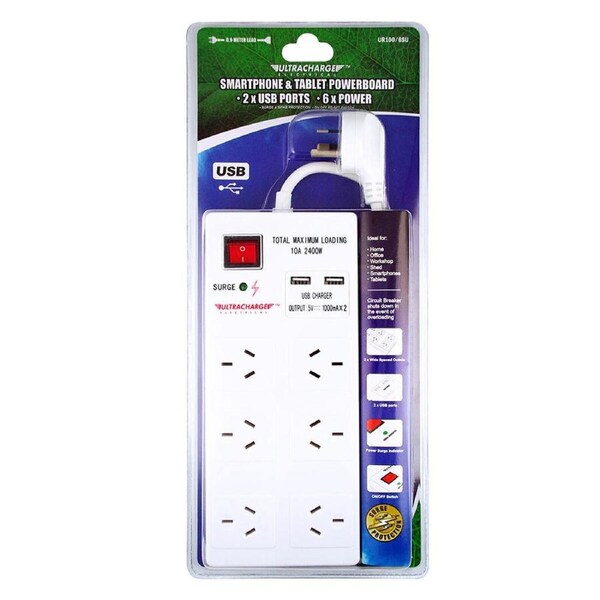 Ultracharge 6 Way Surge Protected Board with 2x USB - White - UR1006SU