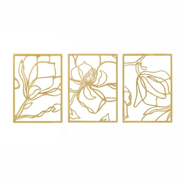 3 Piece Gold Flower Metal Wall Decor Abstract Floral Aesthetic Set of 3