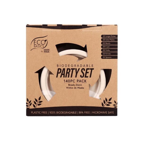 140pc Eco Basics Biodegradable Party Set Spoon/Plate/Fork Cutlery Tableware