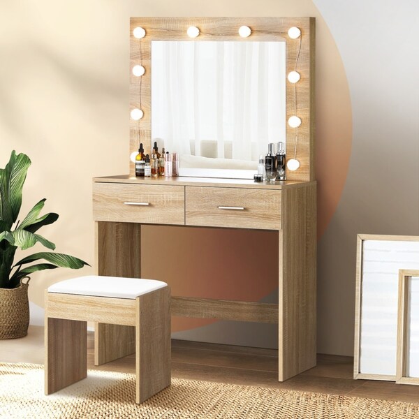 Oikiture Dressing Table Stool Set Makeup Mirror Storage Desk 10 LED Bulbs Natural