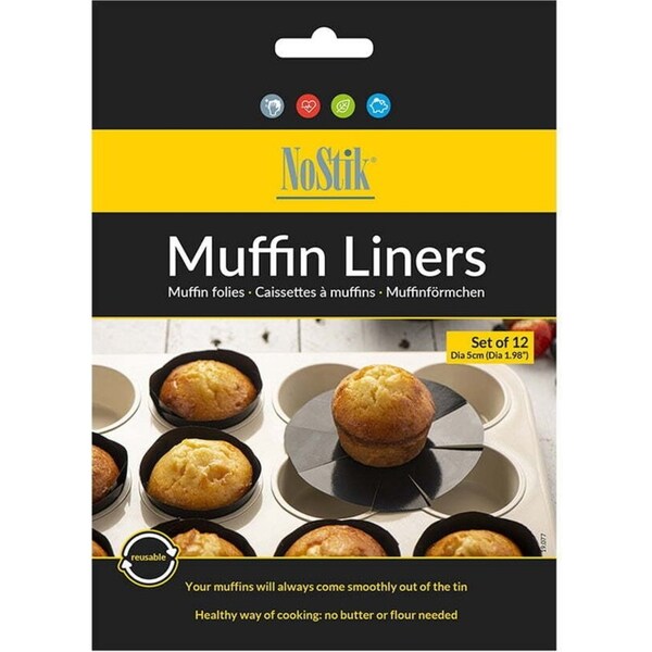 12pc Nostik Round Non-Stick 5cm Muffin Liner Set Oven Baking Accessory Black