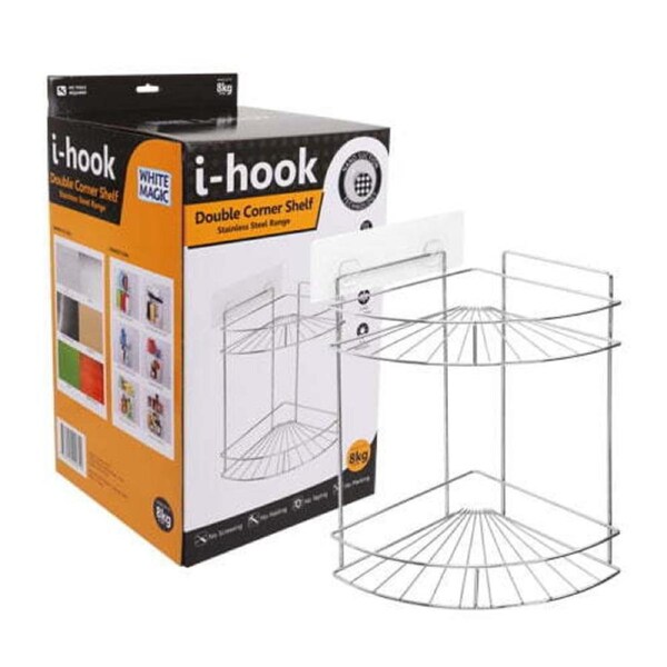 I-Hook 34cm Double Corner Shelf Shower Organiser Storage Shampoo Holder Silver