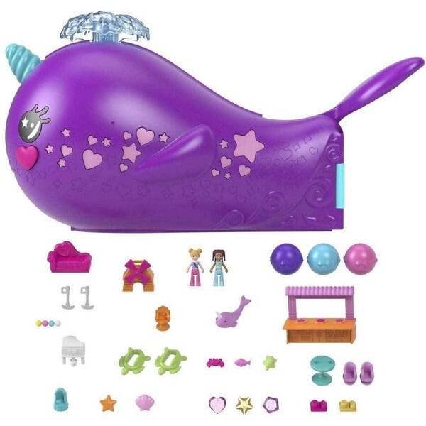 Polly Pocket - Sparkle Cove Adventure Narwhal Adventurer Boat Playset With 2 Micro Dolls & 13 Accessories - Mattel