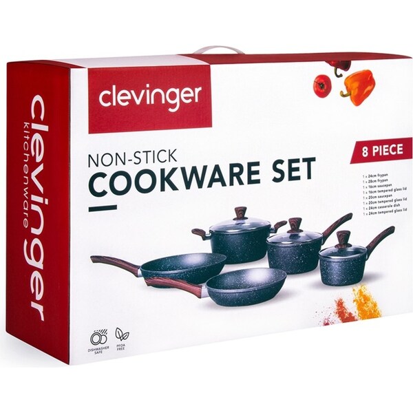 8pc Clevinger 28cm/24cm/20cm Forged Aluminium Non-Stick Round Cookware Set Black