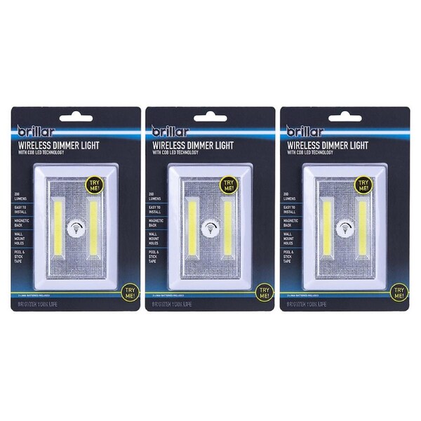3x Brillar Wireless Battery Operated w/Cob LED Dimmer Light Switch WHT